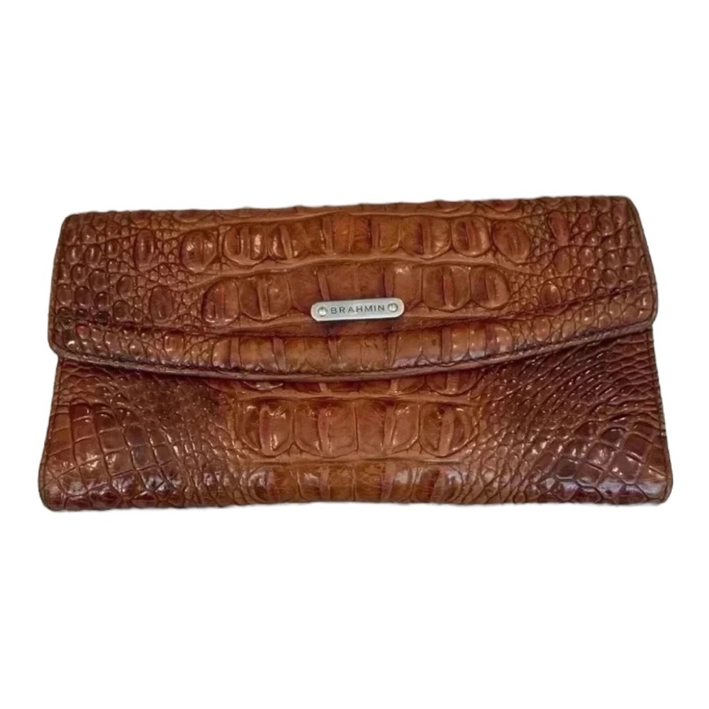 Brahmin Soft Checkbook Wallet Forest Pecan Croc Embossed Melbourne Leather Purse